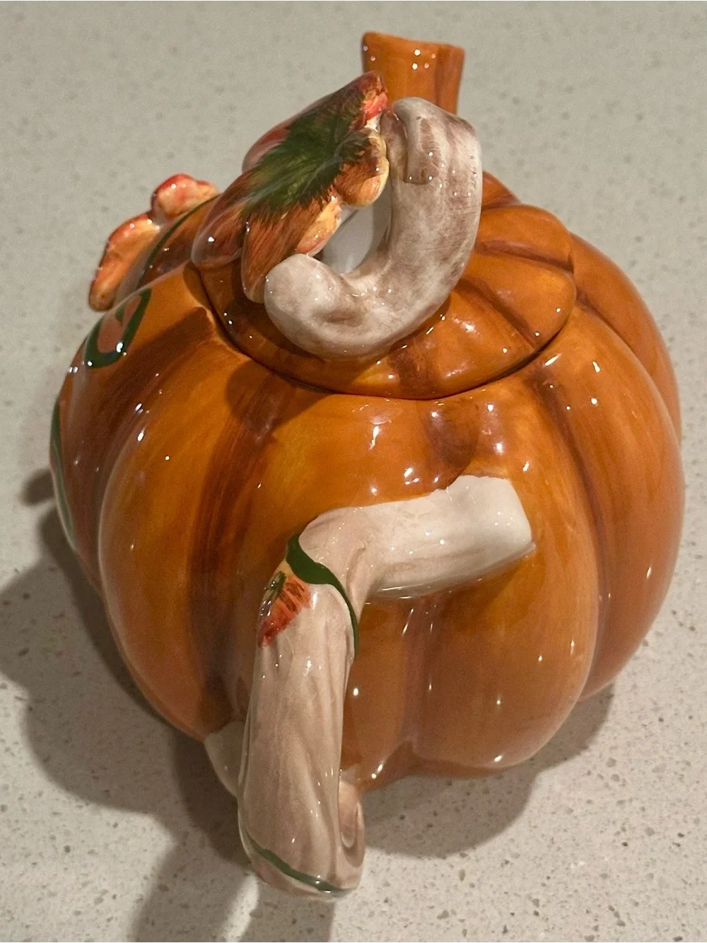 Glossy Orange Ceramic Pumpkin Teapot  with Green Vine Accent and Lid